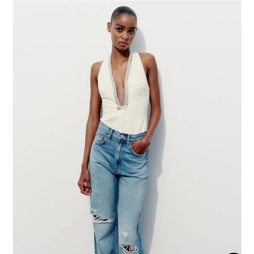 NWT: Zara size small white FITTED BODYSUIT WITH RHINESTONES